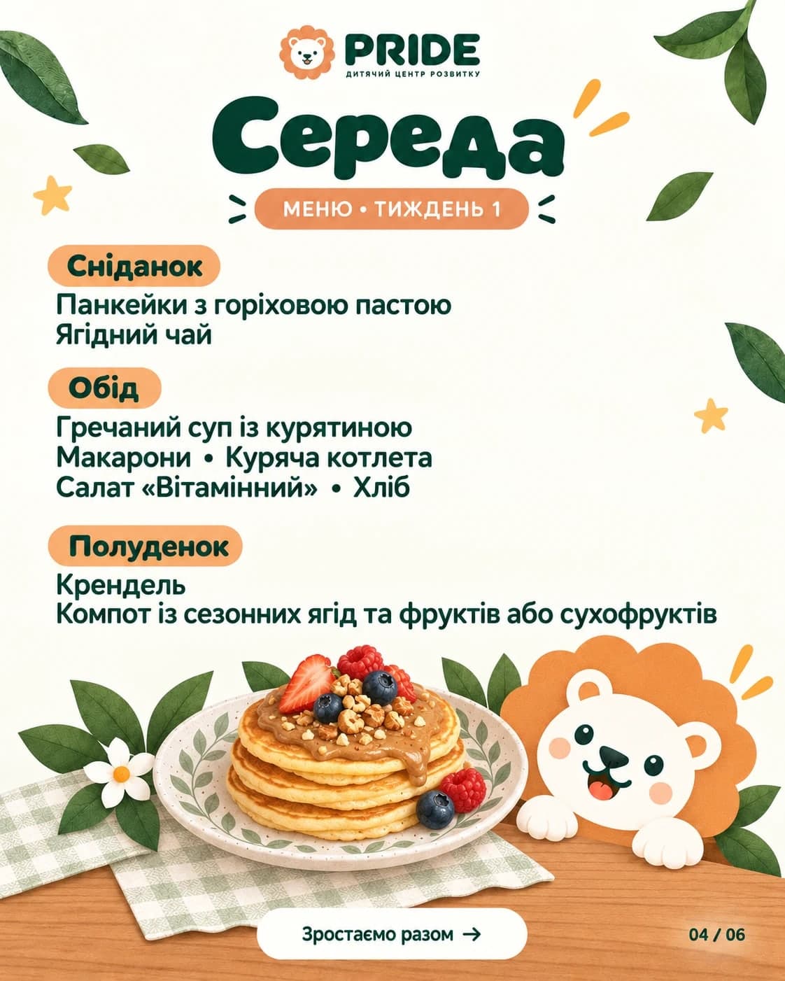 Меню на середа: сніданок, обід, полуденок